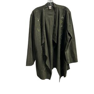 Chicos Womens Floral Embroidered Suede Jacket Plus Size 20/22 Green Open Front